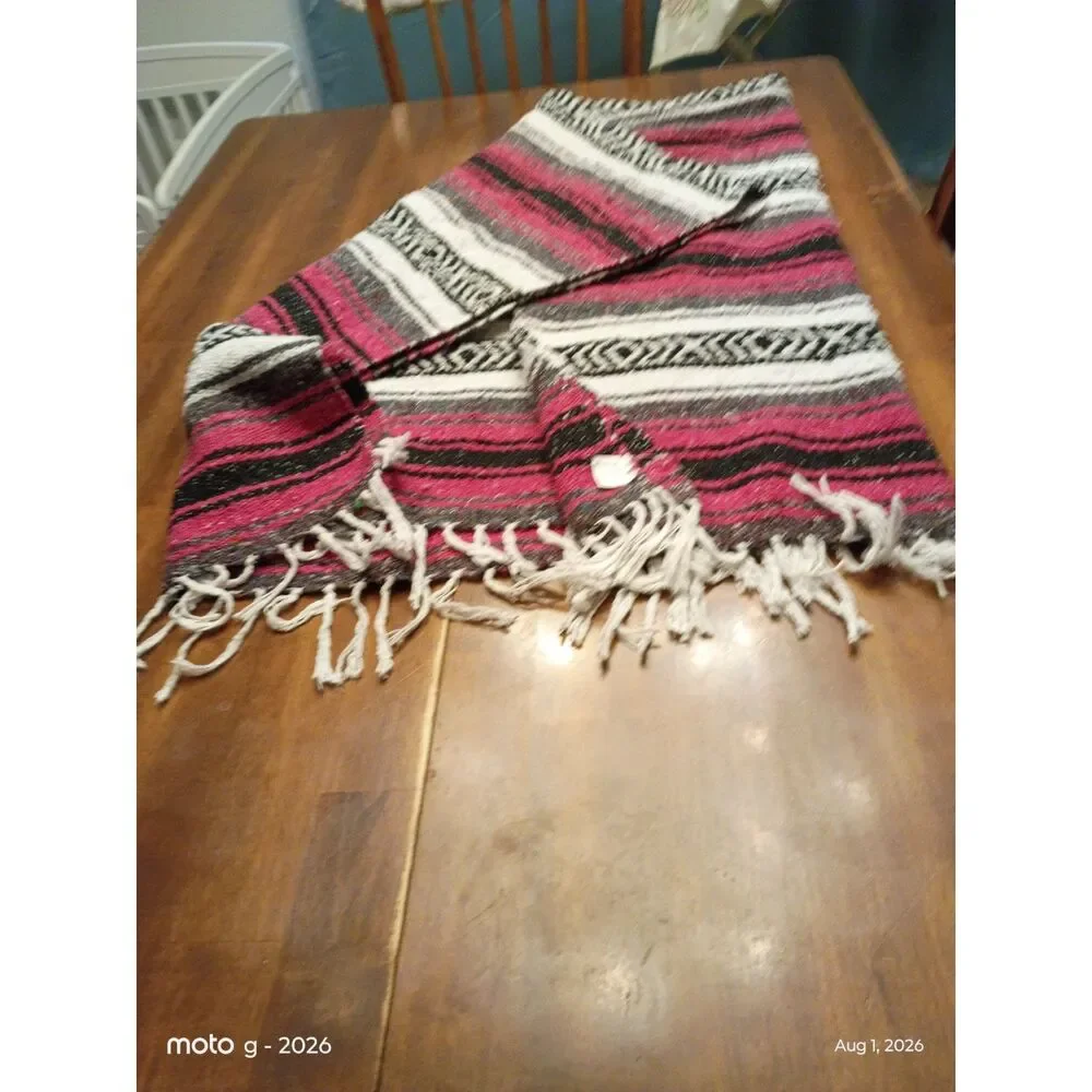 Southwestern Woven Serape Blanket Pink Black White Fringe Boho Camping Blanket